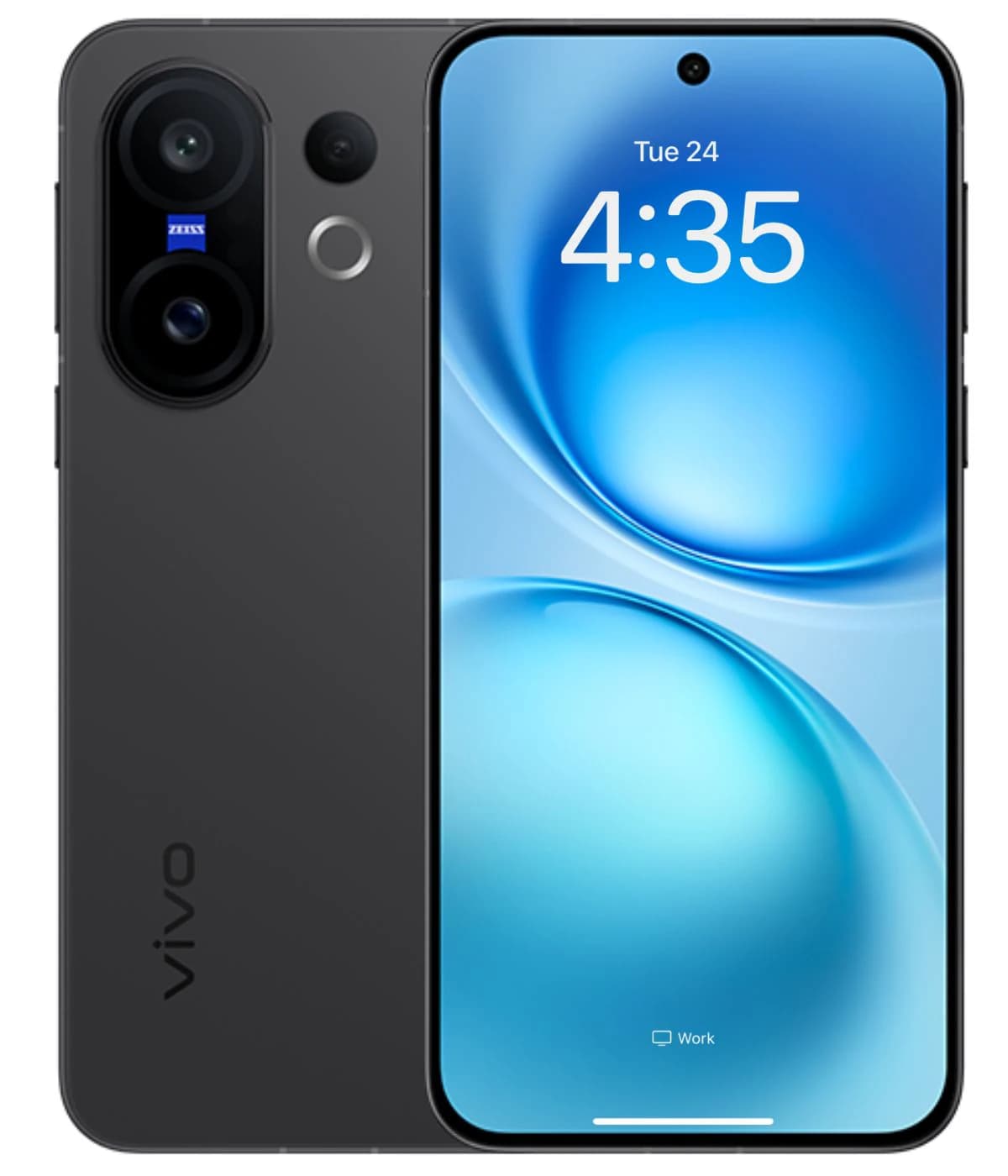 Vivo X200 FE smartphone in sleek black design featuring a dual-camera setup with Zeiss optics, vibrant display showing blue circular patterns, and a modern interface. The device is presented front-facing against a plain background.