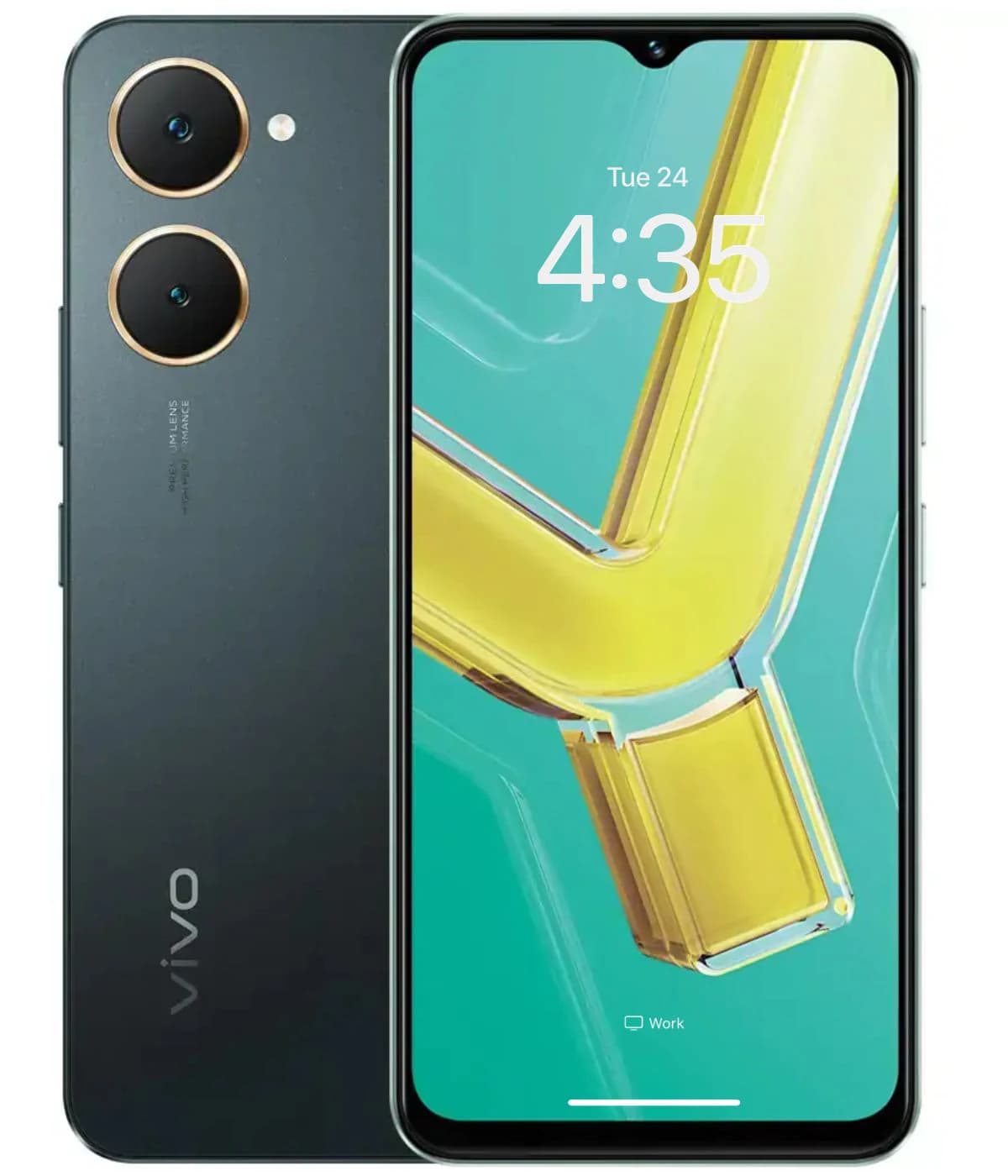 Vivo Y03 smartphone featuring a sleek black design with dual rear cameras and a vibrant display showcasing a colorful interface. The device has a modern aesthetic with rounded edges and a glossy finish.
