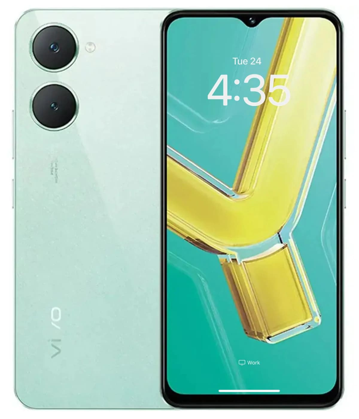 Vivo Y03 smartphone in mint green color featuring a sleek design, dual rear cameras, and a vibrant display showing the time. The device is positioned front-facing with a glossy finish, ideal for modern users.