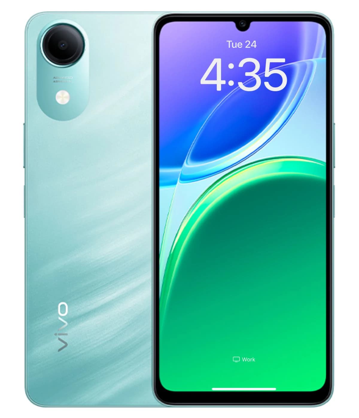 Vivo Y05e smartphone in a stunning aqua blue color with a sleek design. Features a vibrant display showing the time and a smooth back panel with a camera. Ideal for tech enthusiasts seeking style and functionality.