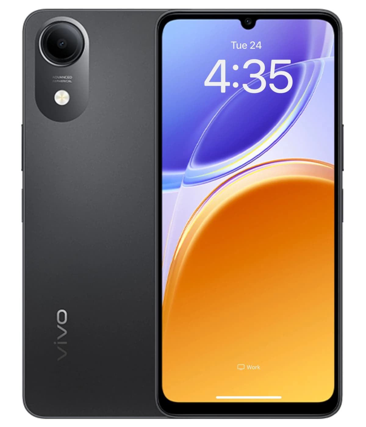 Vivo Y05e smartphone in sleek black design featuring a vibrant display with a colorful interface. The device showcases a dual-camera setup on the back and a modern notch display. Ideal for tech enthusiasts seeking style and functionality.