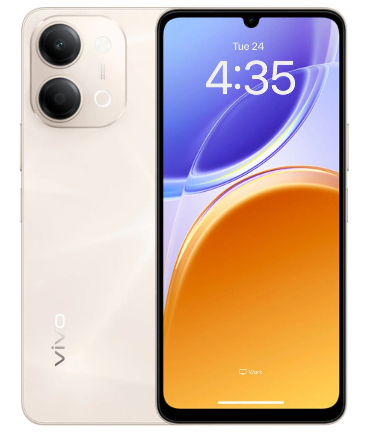 Vivo Y11d smartphone featuring a sleek design in a soft gold color, showcasing a dual-camera setup on the back and a vibrant display with a blue and orange gradient. The device is presented in a front and back view, highlighting its modern…