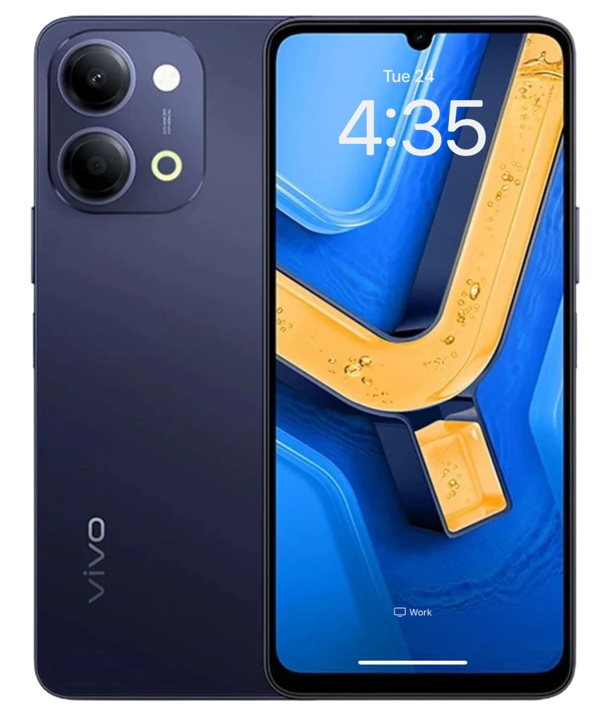 Vivo Y11d smartphone in dark blue color featuring dual rear cameras and a vibrant display with a blue and yellow abstract wallpaper. The device showcases a sleek design with rounded edges and a modern aesthetic.