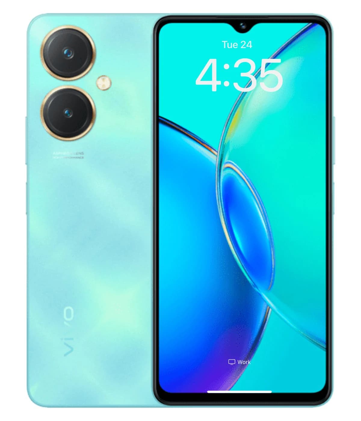 Vivo Y27 smartphone in a stunning aqua blue color featuring dual rear cameras and a vibrant display showing the time. The sleek design highlights the modern aesthetic with a glossy finish.