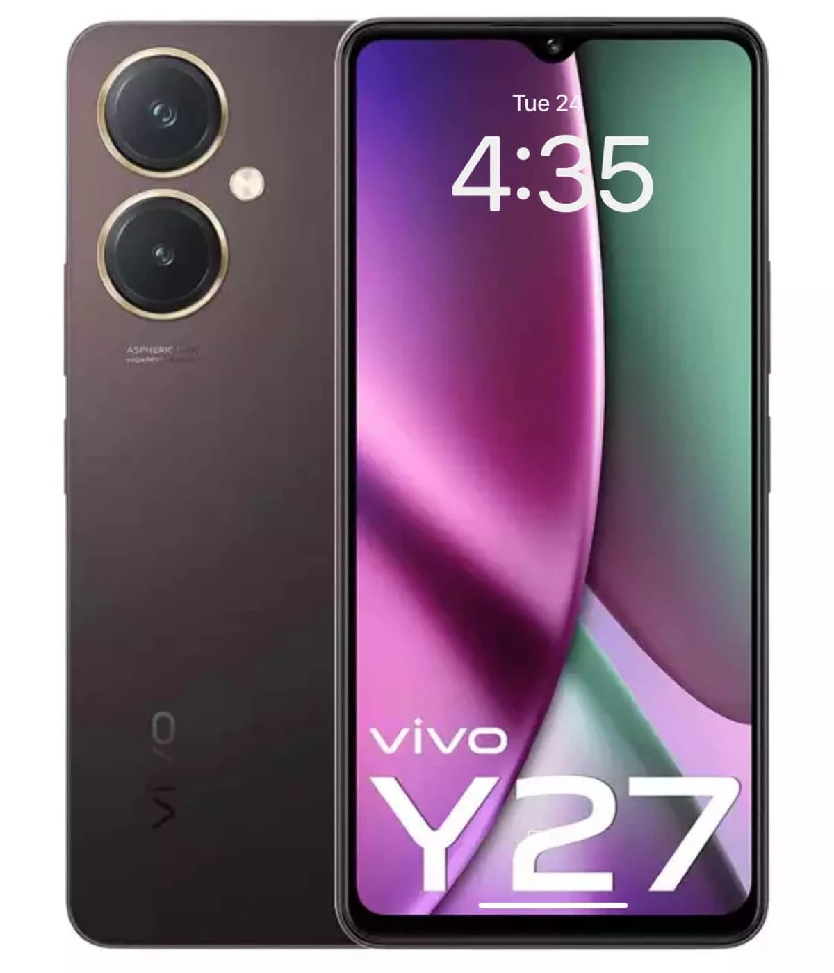 Vivo Y27 smartphone featuring a sleek design in dark gray with dual rear cameras and a vibrant display showcasing a purple and green gradient. The screen displays the time and date, emphasizing its modern aesthetic.