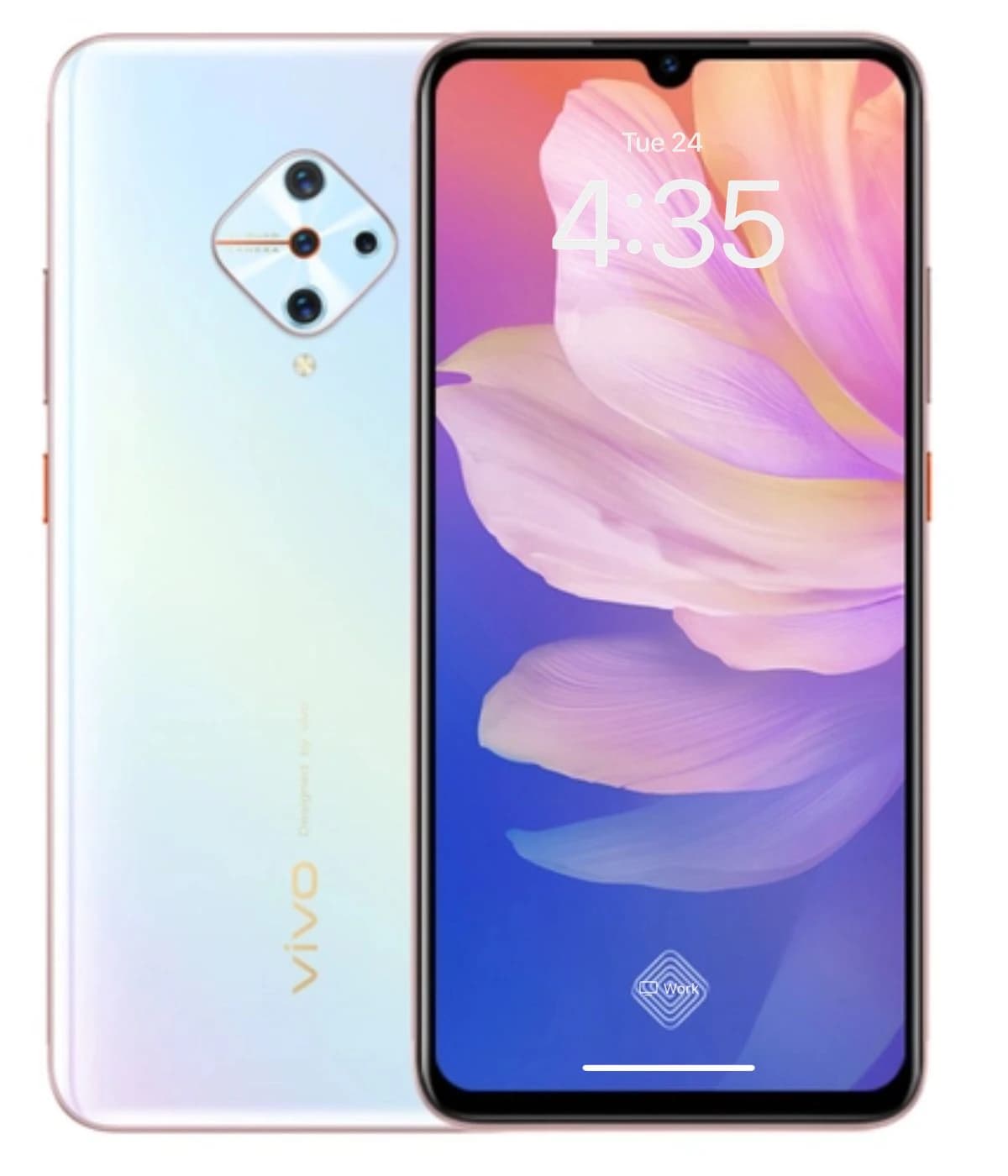 Vivo Y51 smartphone featuring a sleek design with a gradient white and gold finish. The front displays a vibrant screen with floral wallpaper and a time indicator. The back showcases a diamond-shaped camera module with three lenses.