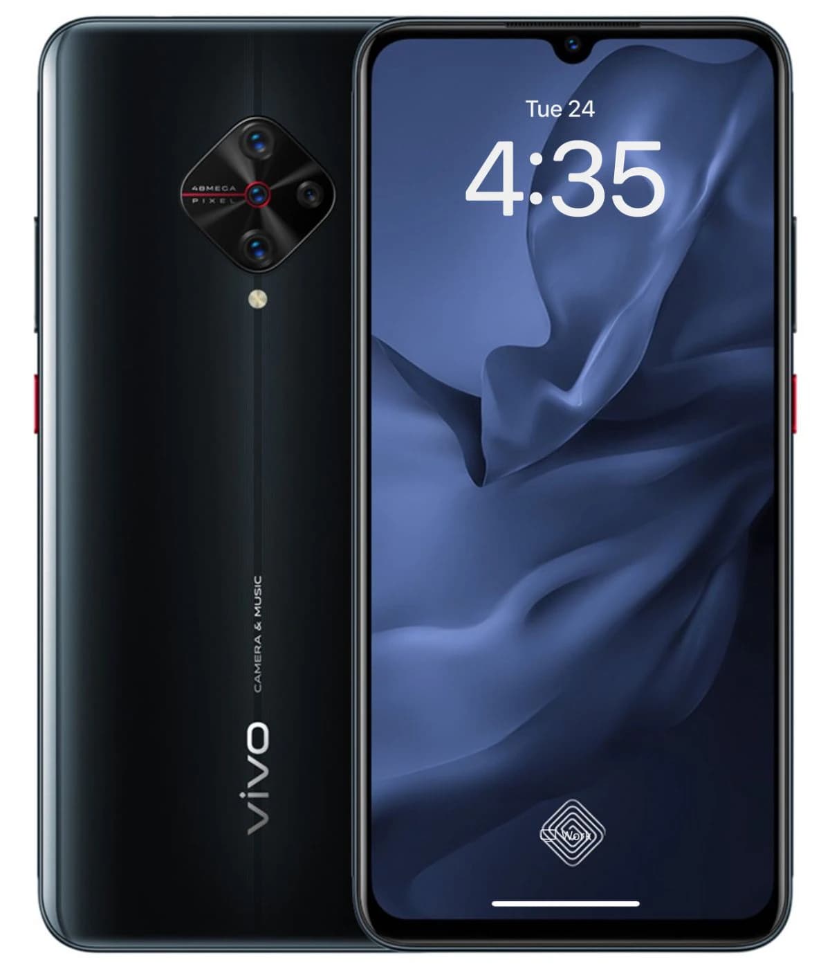 Vivo Y51 smartphone in sleek black design featuring a 48MP quad-camera setup and a vibrant display. The device showcases a modern aesthetic with a glass back and a fingerprint sensor on the front. Ideal for photography and multimedia.