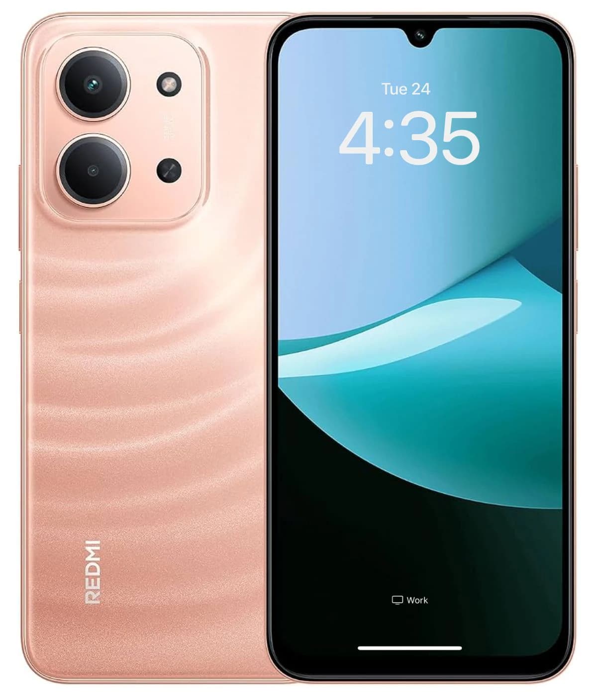 Xiaomi Redmi 15C smartphone in a sleek rose gold finish, featuring a dual-camera setup on the back and a vibrant display showing the time. The device has a modern design with smooth curves and a glossy surface.