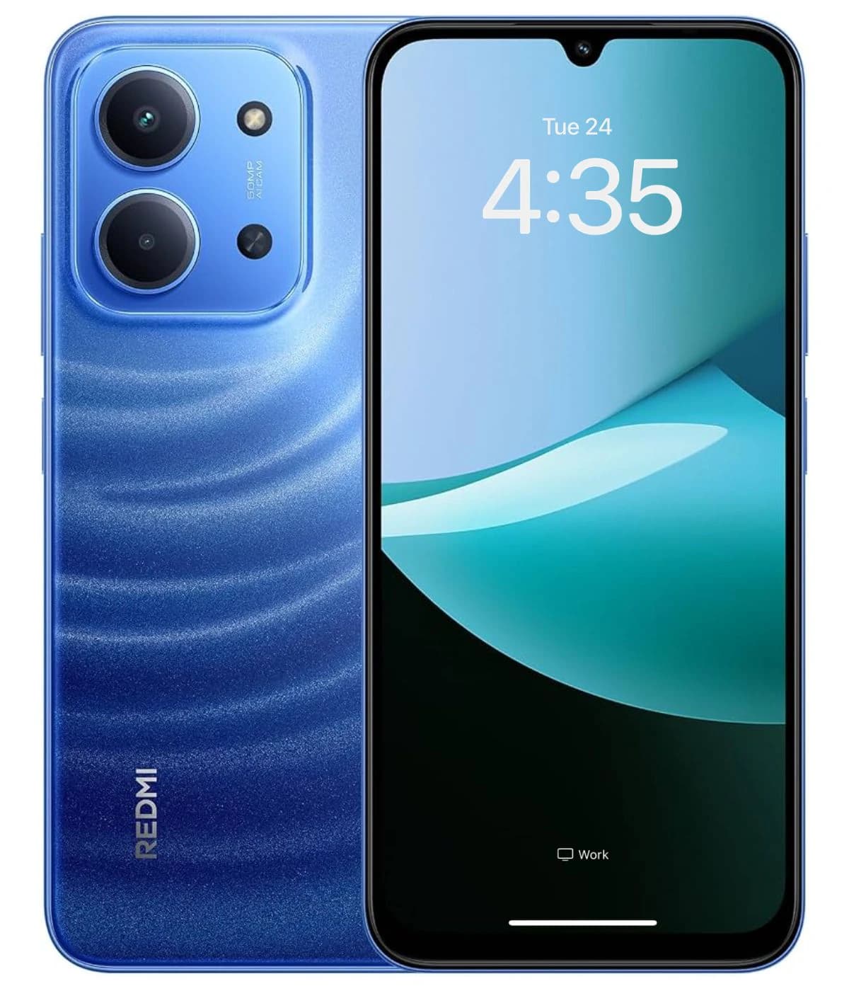 Xiaomi Redmi 15C smartphone in vibrant blue color featuring a sleek design, dual rear cameras, and a large display showing the time. The back has a textured finish with a glossy sheen, enhancing its modern look.
