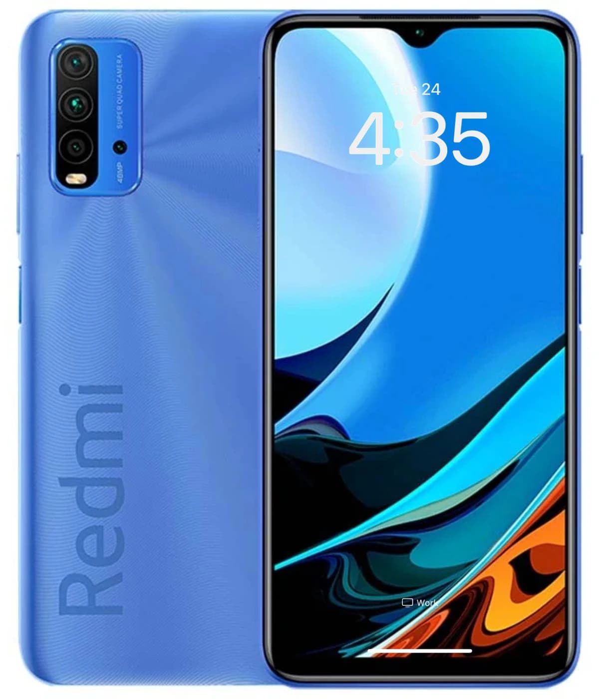 Xiaomi Redmi 9T smartphone in vibrant blue color featuring a 48MP quad-camera setup, sleek design, and a large display showcasing colorful graphics. The back has a textured finish with 'Redmi' branding.