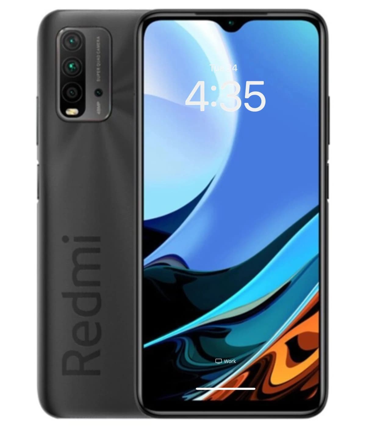 Xiaomi Redmi 9T smartphone in black color featuring a sleek design with a vibrant display. The back showcases the 'Redmi' branding and a triple camera setup. The screen displays the time 4:35 against a colorful background.