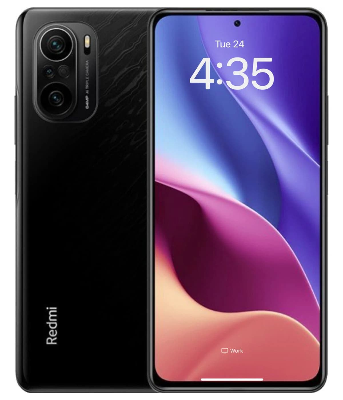 Xiaomi Redmi K40 smartphone in sleek black finish, featuring a vibrant display with colorful abstract wallpaper. The back showcases a triple camera setup and the 'Redmi' logo, emphasizing its modern design and premium quality.