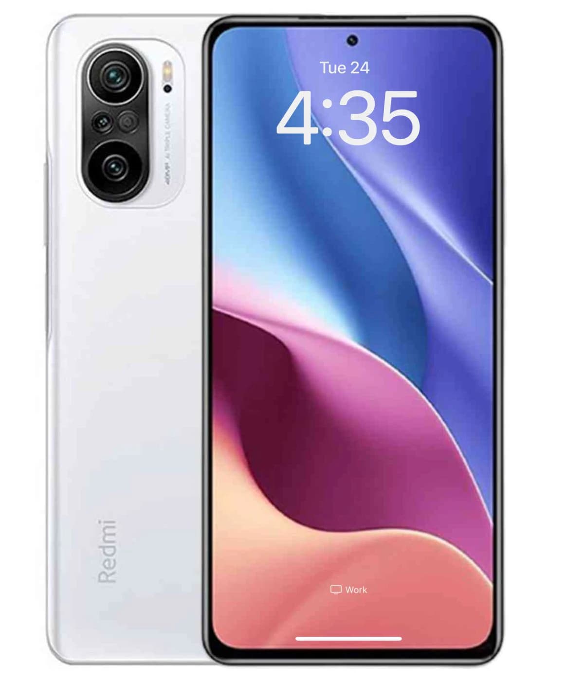 Xiaomi Redmi K40 smartphone in sleek white finish, showcasing a vibrant display with a colorful background. Features triple rear cameras and a modern design, ideal for tech enthusiasts.