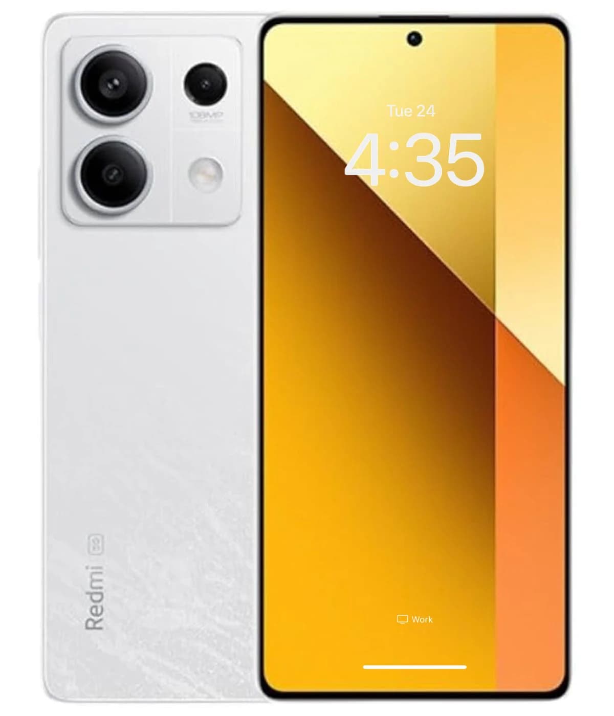 Xiaomi Redmi Note 13 smartphone in sleek white finish with a vibrant orange gradient display. Features a triple camera setup on the back, including a 108MP main camera, and a modern design with minimal bezels.