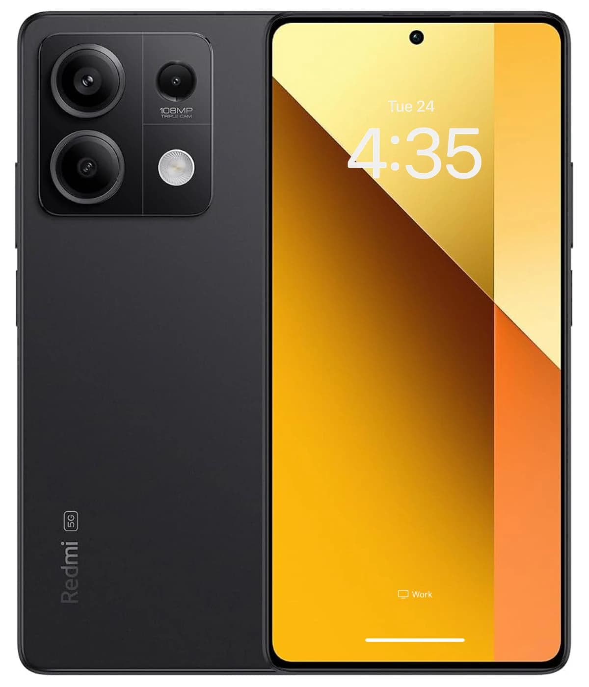 Xiaomi Redmi Note 13 smartphone in sleek black design featuring a vibrant yellow display. The device showcases a dual-camera setup with a 108MP main camera, emphasizing modern technology and style. Ideal for photography enthusiasts.