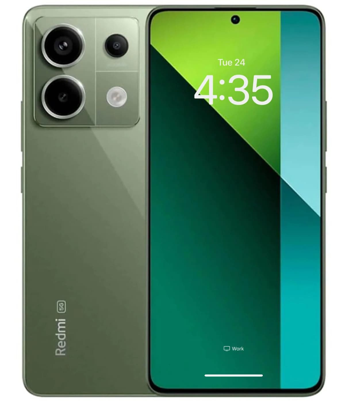 Xiaomi Redmi Note 13 Pro smartphone in a sleek green color with a large display, featuring a triple camera setup on the back. The screen shows the time and date, highlighting its modern design and functionality.