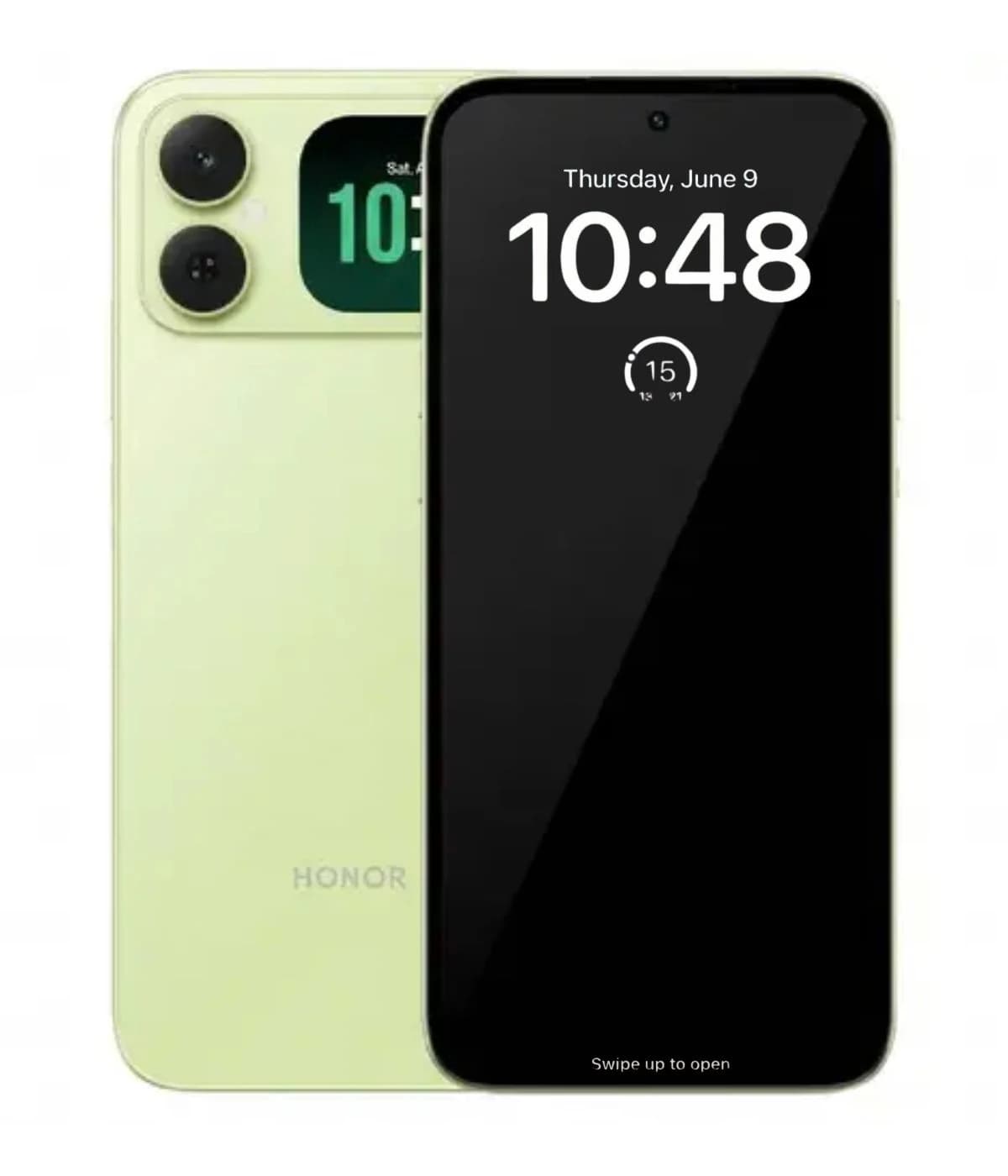 Honor Play 20C smartphone in a soft green color, featuring a dual-camera setup on the back and a sleek front display showing the time. The device has a modern design with rounded edges and a minimalistic aesthetic.
