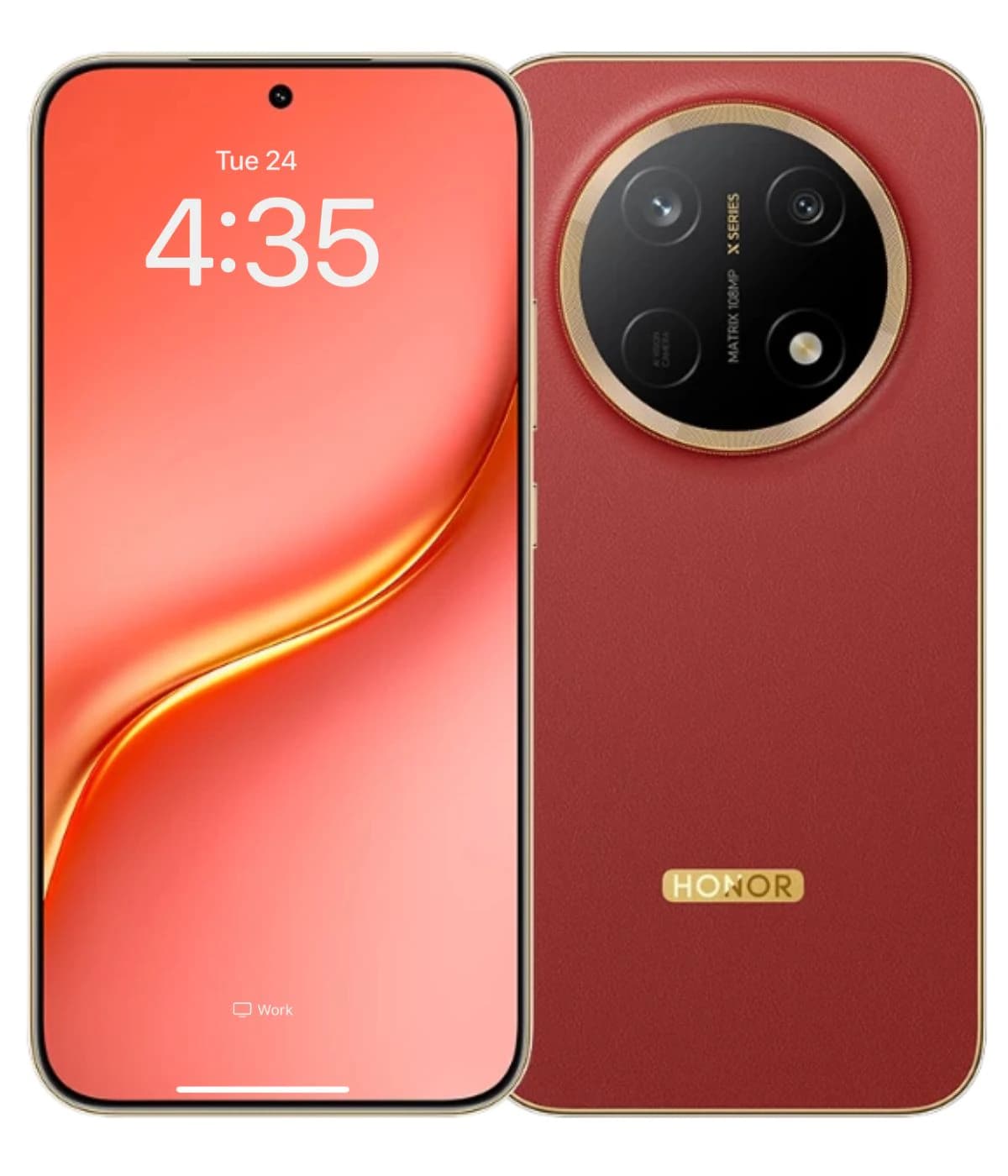 Honor X9e Pro smartphone featuring a sleek red leather back with gold accents, a vibrant display showing the time, and a circular camera module with three lenses. The device is presented in a front view against a plain background.