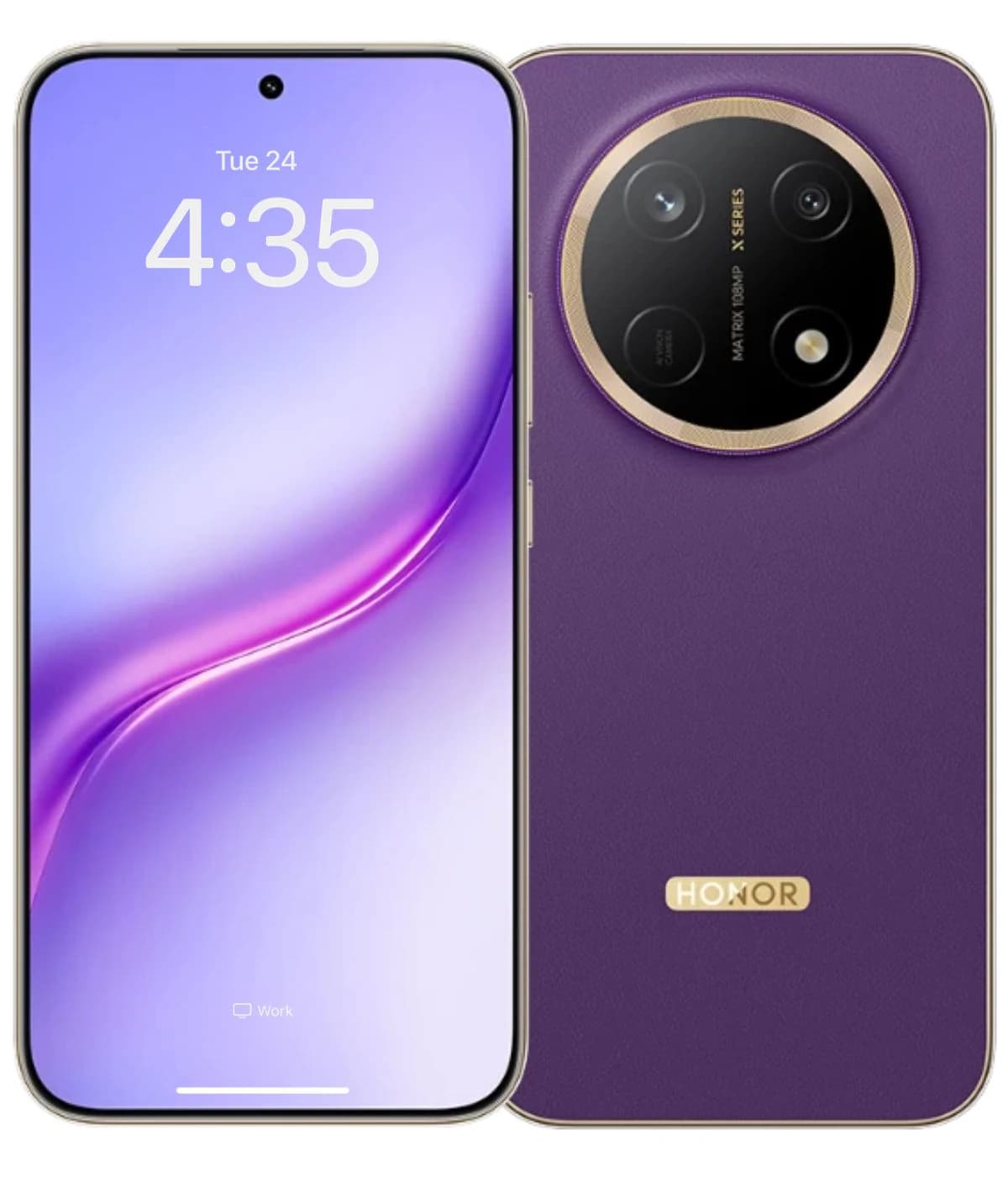 Honor X9e Pro smartphone in vibrant purple color with a sleek design. Features a large display showing the time and a stylish camera module with three lenses on the back. The device has a premium finish with a gold accent.