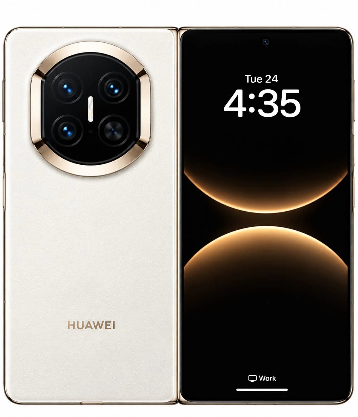 Huawei Mate X8 smartphone featuring a sleek white leather back and a striking black camera module with four lenses. The front displays a vibrant screen showing the time and date, set against a minimalist background.