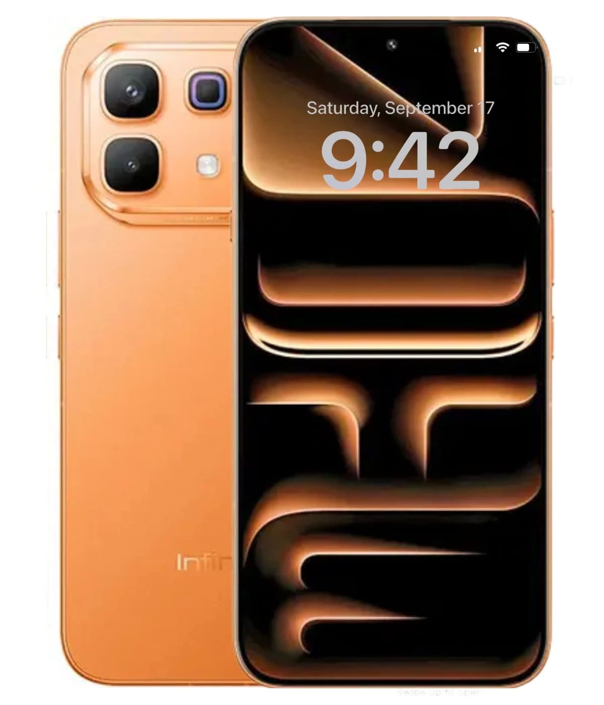 Infinix Note 70 Pro smartphone in vibrant orange color, showcasing a sleek design with a large display and dual rear cameras. The screen displays the time and date, emphasizing its modern technology and style.