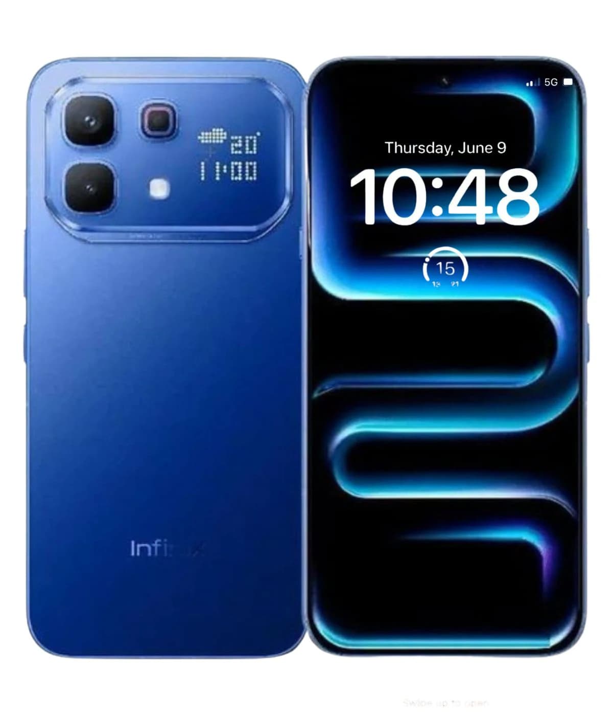 Infinix Note 70 Pro smartphone in sleek blue design, showcasing dual rear cameras and a vibrant display with time and weather information. The device features a modern aesthetic with a glossy finish and rounded edges.