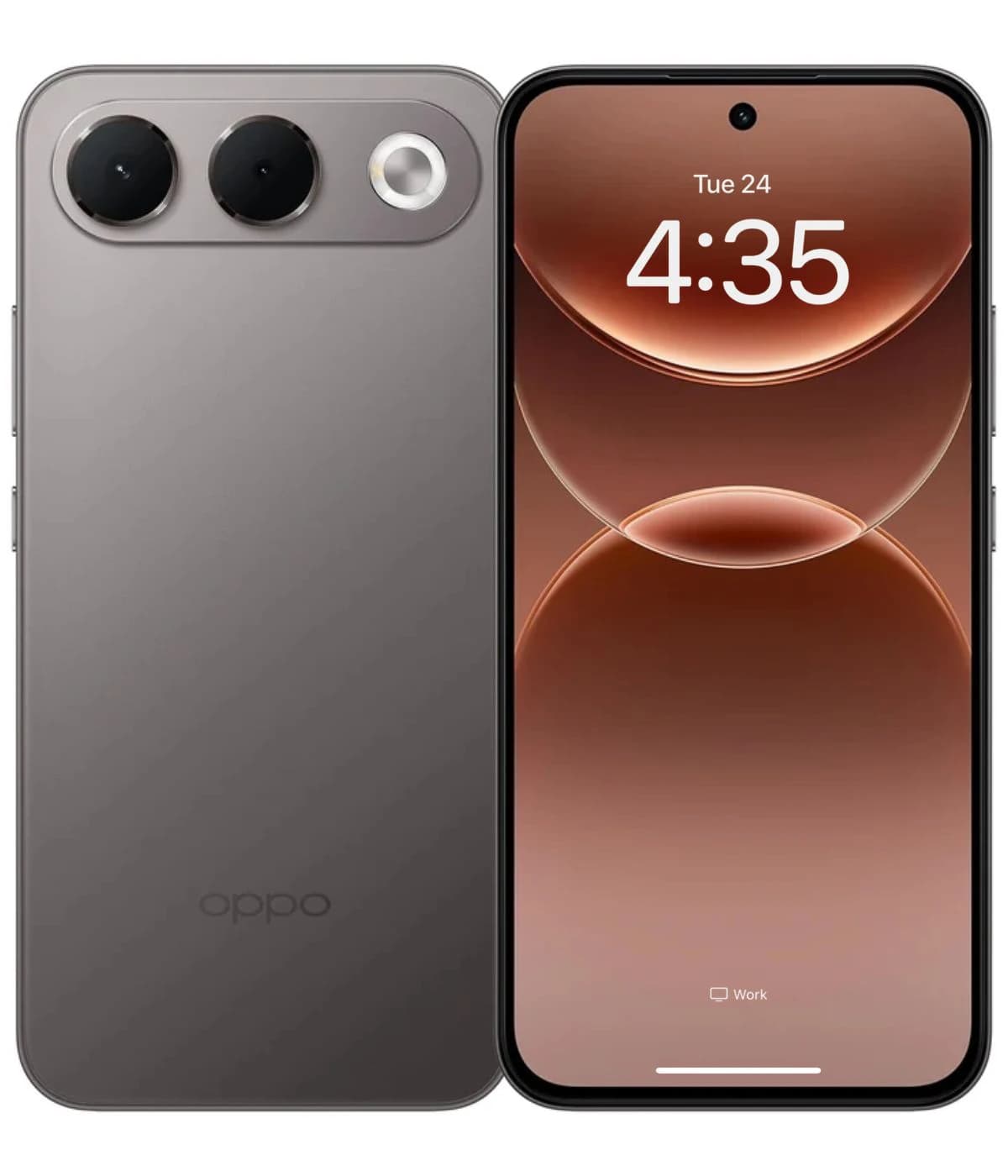 Oppo F35 smartphone in sleek gray finish, featuring dual rear cameras and a vibrant display showing the time. The modern design includes a minimalist aesthetic with rounded edges, perfect for tech enthusiasts.