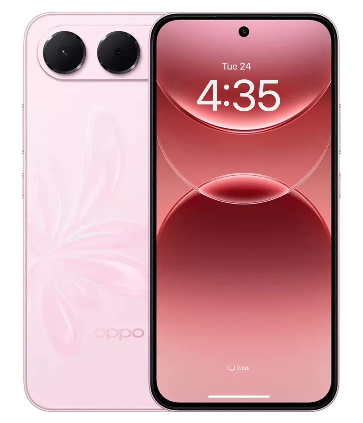 Oppo F35 smartphone in a stylish pink color featuring a dual-camera setup and a vibrant display showing the time. The back showcases a floral design with the Oppo logo, emphasizing its modern aesthetic.