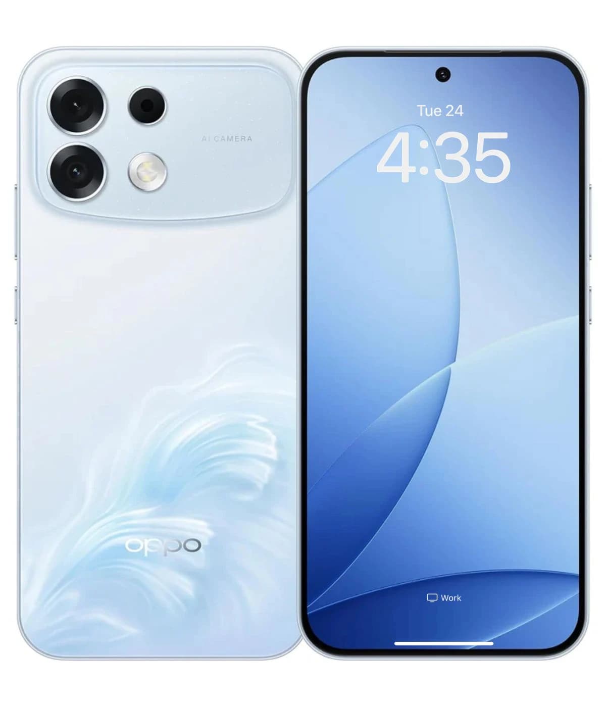 Oppo F35 Pro smartphone featuring a sleek white design with a textured back and dual rear cameras. The front displays a vibrant blue screen with the time 4:35, showcasing its modern aesthetic and advanced technology.