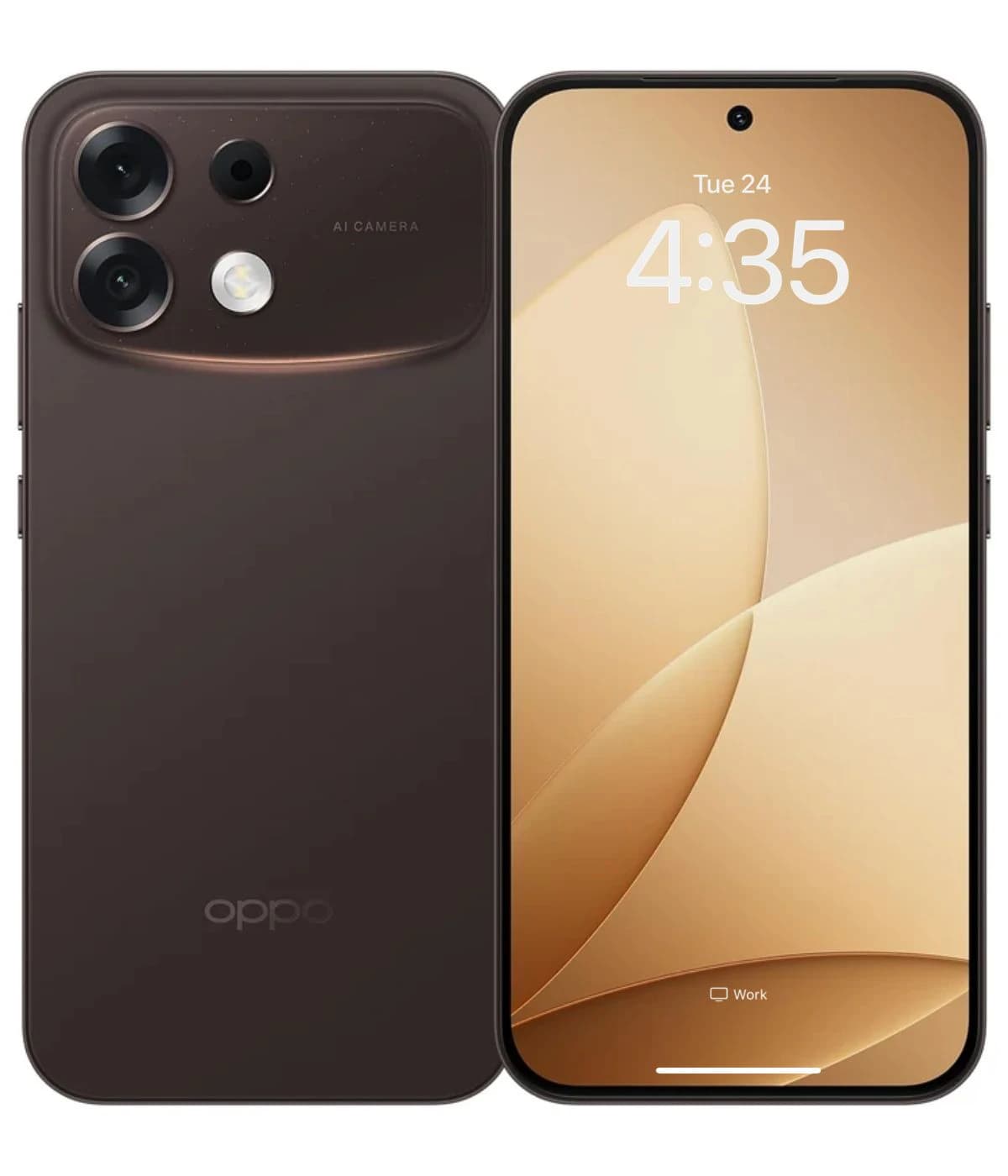 Oppo F35 Pro smartphone in dark brown color, featuring a sleek design with dual rear cameras and a vibrant display showing the time. The device is positioned front and back, highlighting its modern aesthetics.