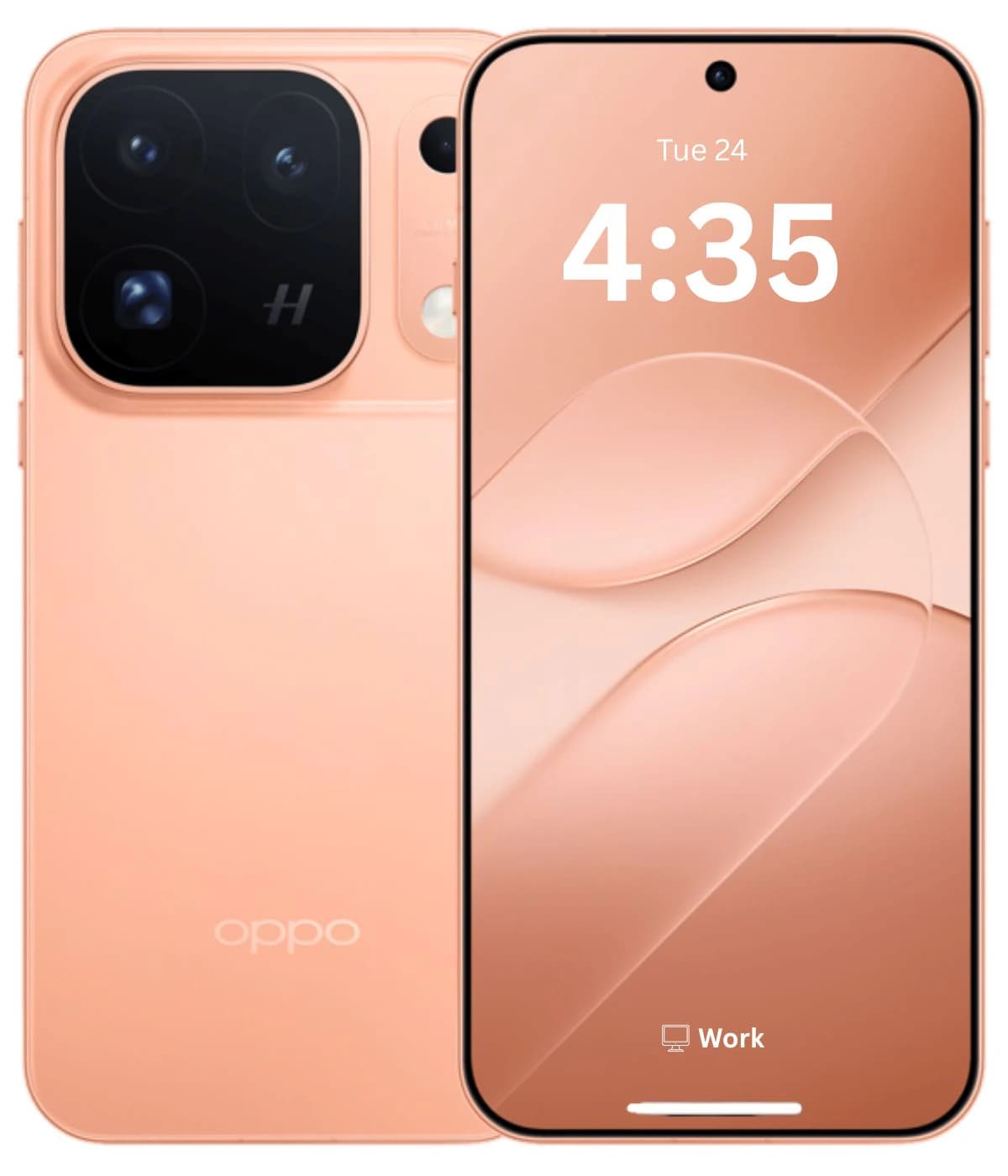 Oppo Find X10 Pro Max smartphone in a stylish peach color, featuring a sleek design with a large display and triple camera setup on the back. The screen shows the time and a 'Work' notification. Ideal for tech enthusiasts.