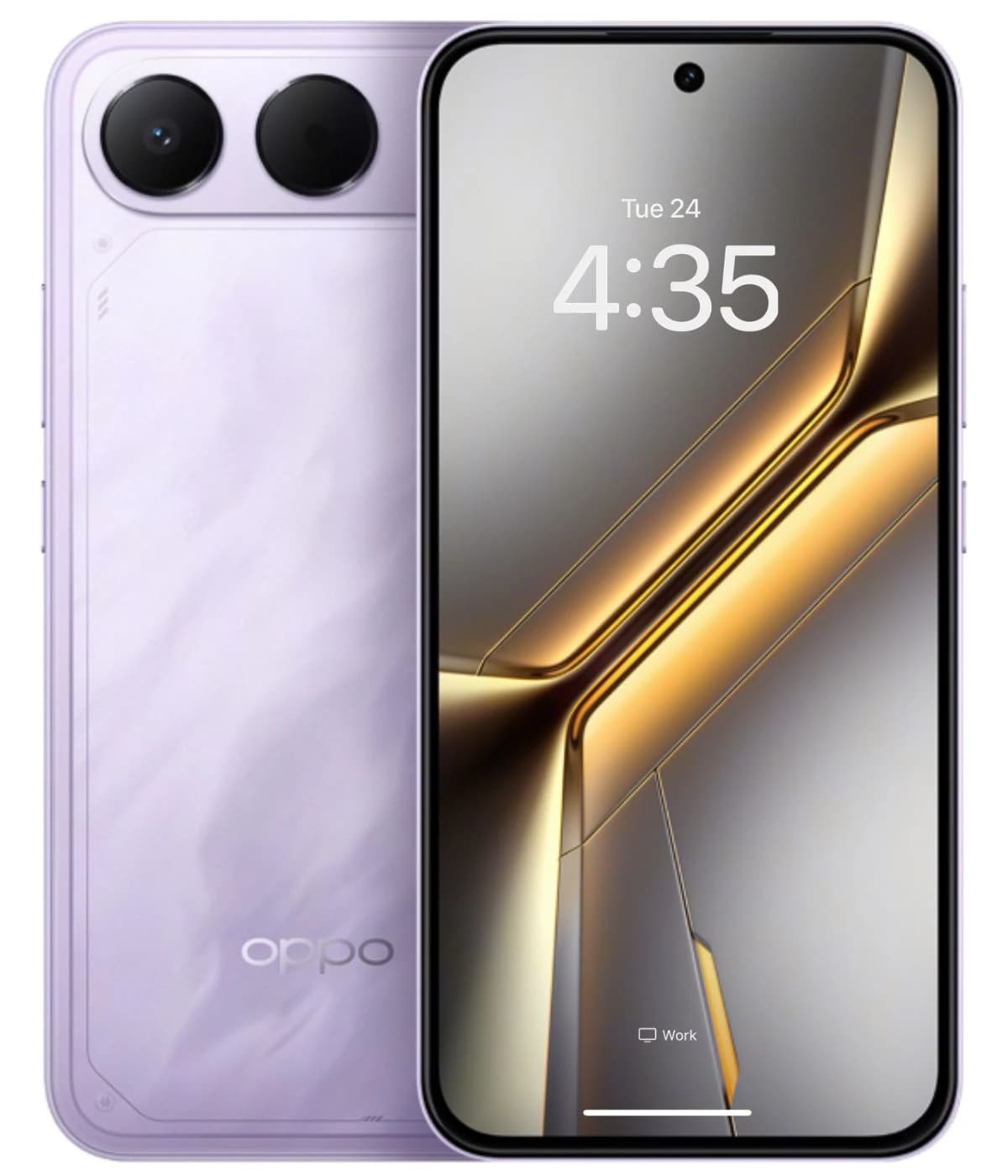 Oppo K15s smartphone in a stylish lavender color featuring a dual-camera setup on the back and a vibrant display showing the time. The sleek design highlights the modern aesthetics of the device.
