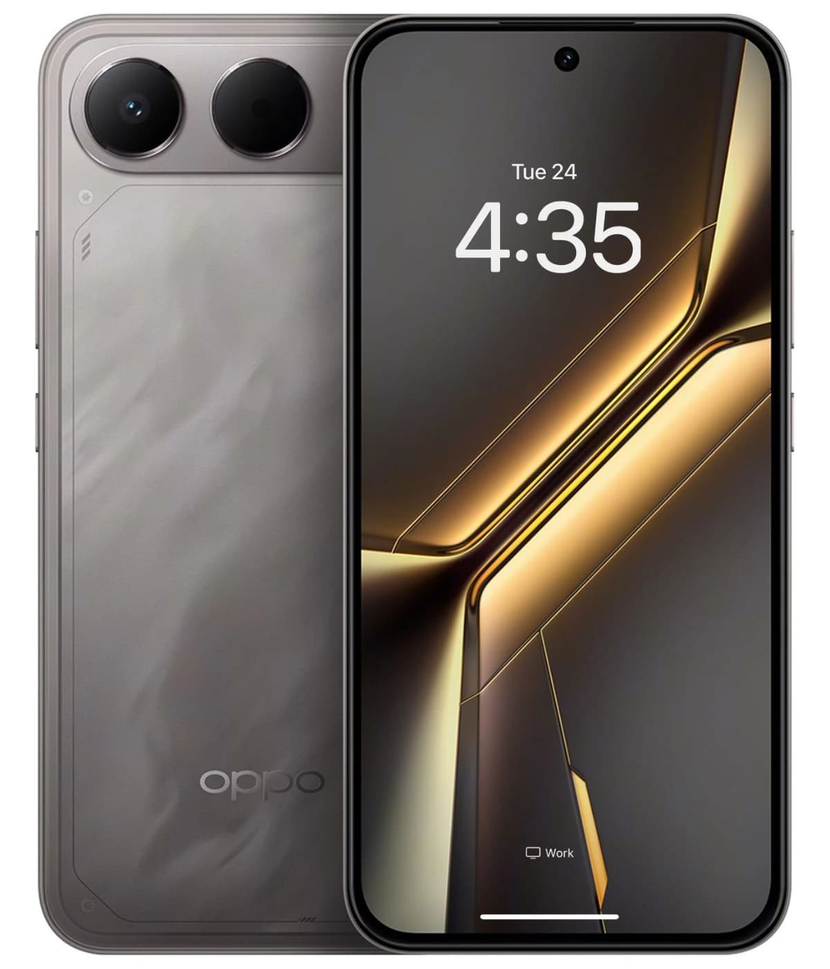Oppo K15s smartphone in sleek gray color featuring a dual-camera setup on the back and a vibrant display showing the time. The design highlights a modern aesthetic with smooth curves and a premium finish.