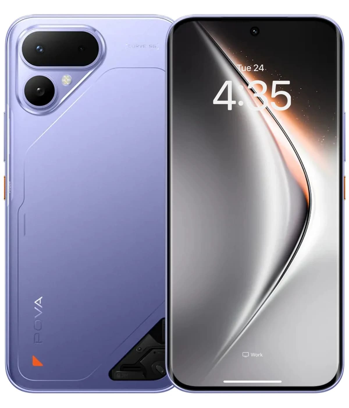 Tecno Pova Curve smartphone in a stylish lavender color, featuring a sleek design with dual rear cameras and a vibrant display showing the time. The device is positioned at an angle to highlight its modern aesthetics.