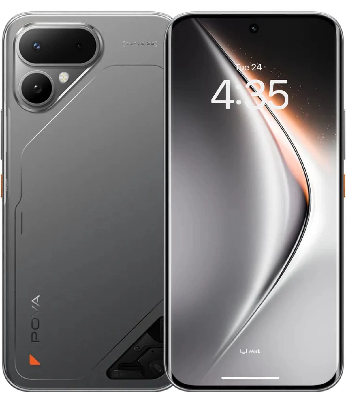 Tecno Pova Curve 5G smartphone in sleek gray design, featuring a dual-camera setup on the back and a vibrant display showing the time. The phone has a modern, angular aesthetic with an orange accent on the side.