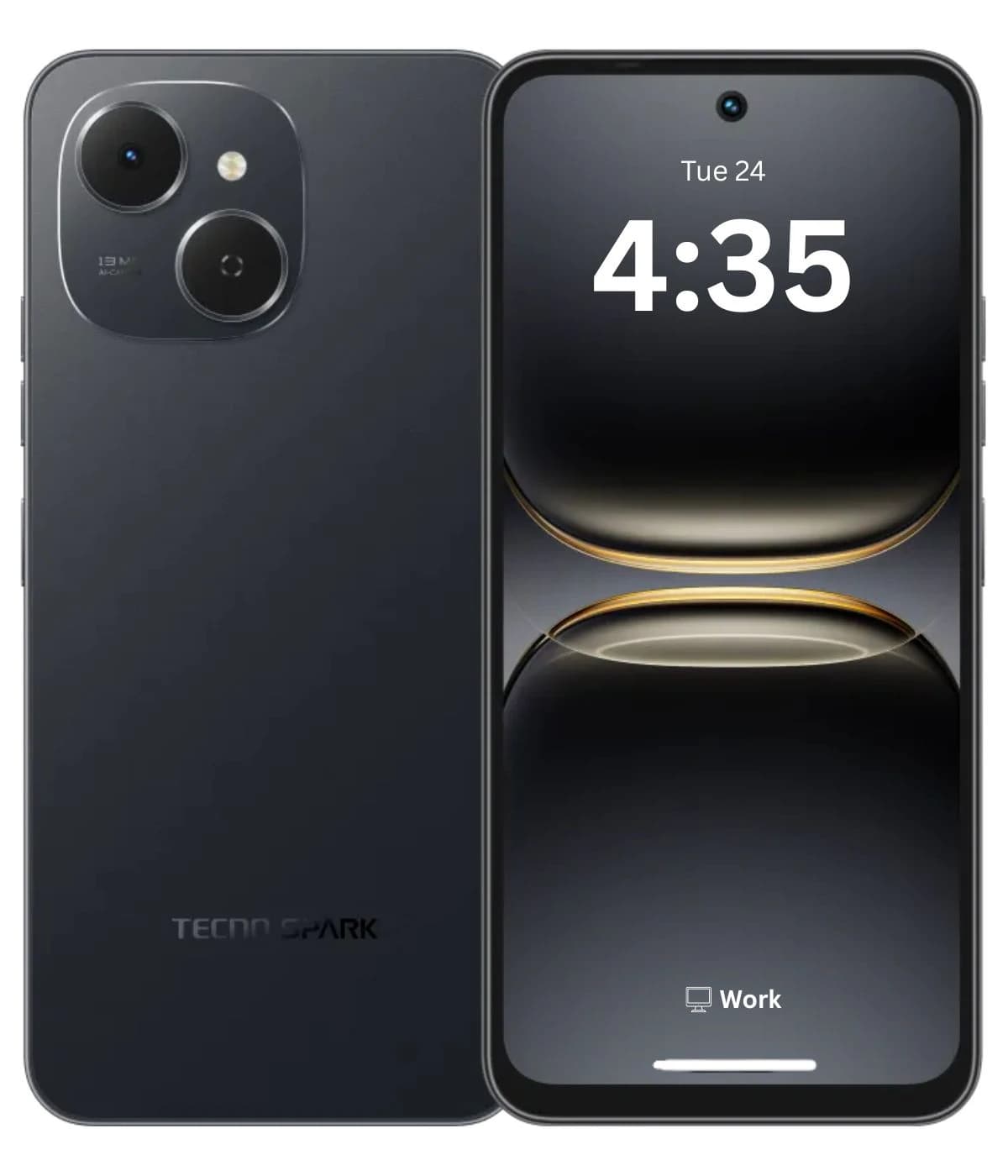 Tecno Spark 40C smartphone in sleek black design featuring a dual-camera setup with 13MP lens, showcasing a vibrant display with time and date on the screen. The device is presented in a front view against a plain background.