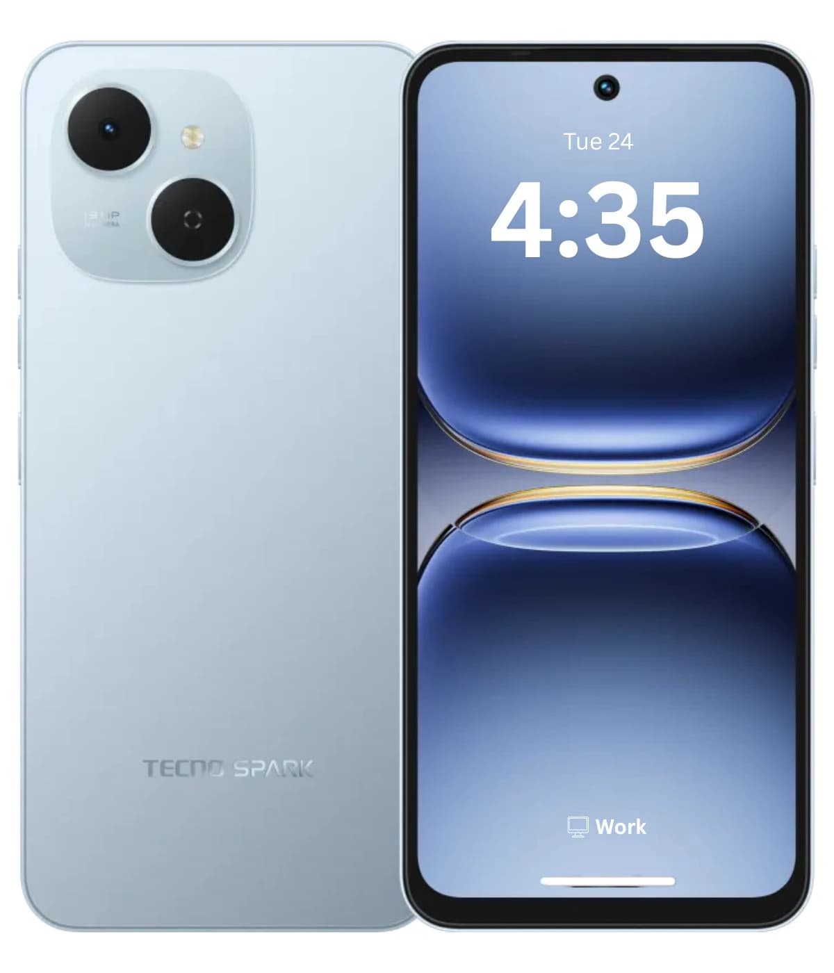 Tecno Spark 40C smartphone in a sleek light blue color, showcasing a dual-camera setup on the back and a vibrant display with a clock on the front. The design features a modern aesthetic with rounded edges and a glossy finish.