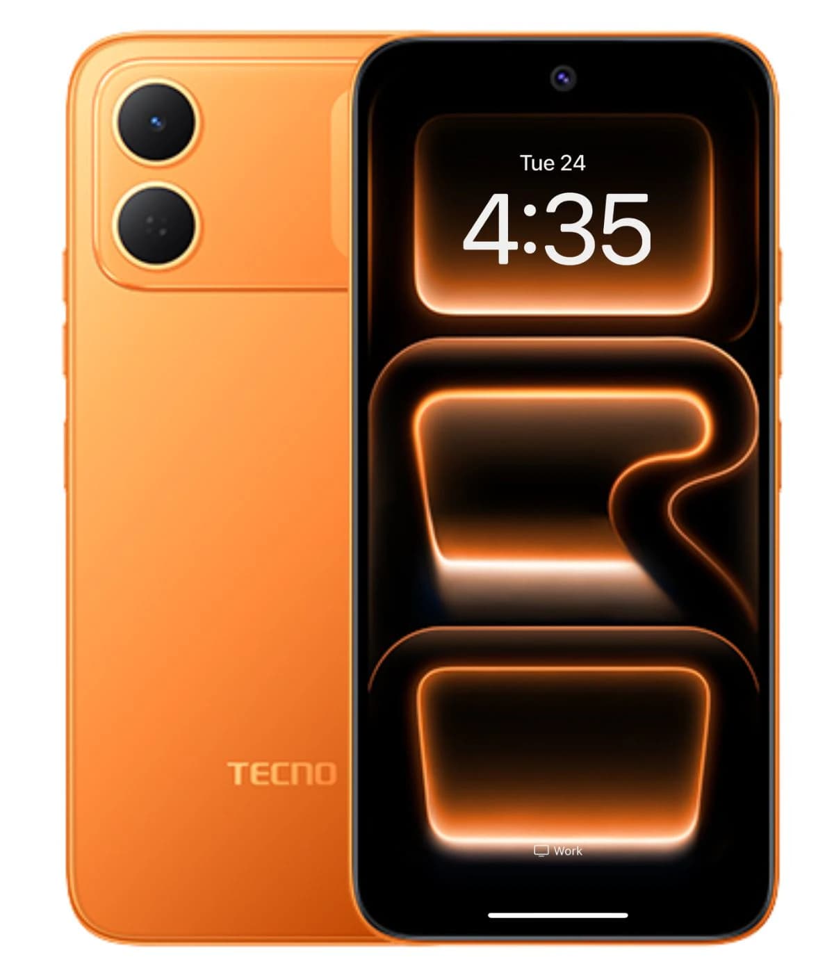 Tecno Spark 50c smartphone in vibrant orange color featuring dual rear cameras, sleek design, and a modern display showing the time. The device is positioned against a plain background, highlighting its stylish aesthetics.
