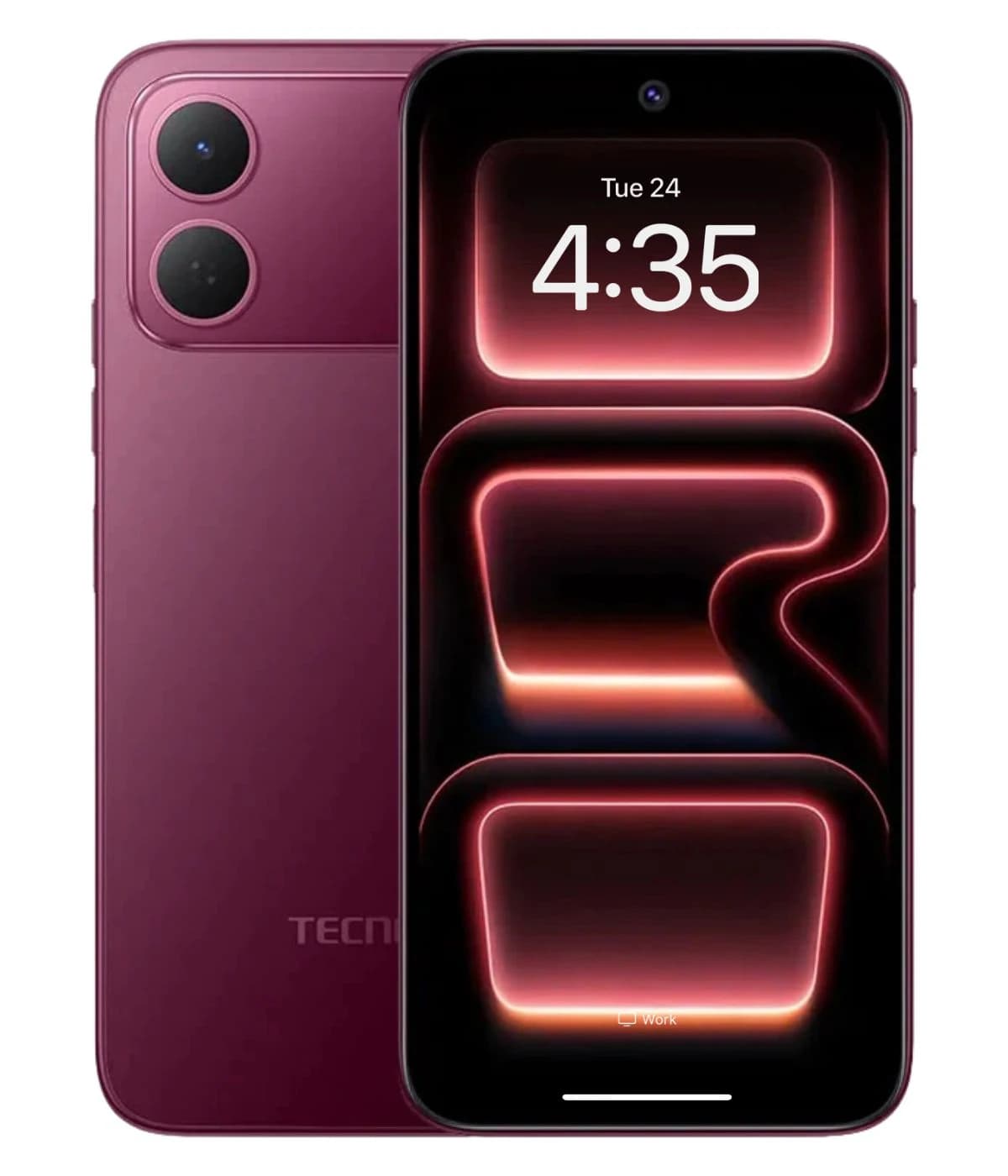 Tecno Spark 50c smartphone in a sleek purple finish, showcasing dual rear cameras and a vibrant display with a modern interface. The device features a stylish design and is positioned against a plain background.