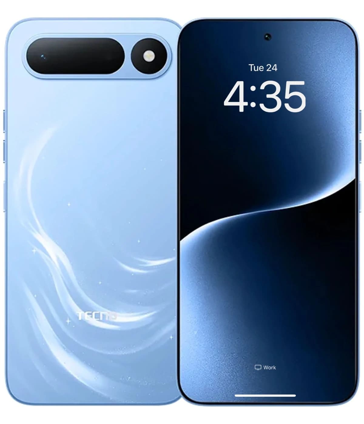 Tecno Spark 50s smartphone in a stunning light blue color with a sleek design. The back features a smooth finish with subtle wave patterns, while the front displays a vibrant screen showing the time. Ideal for tech enthusiasts.