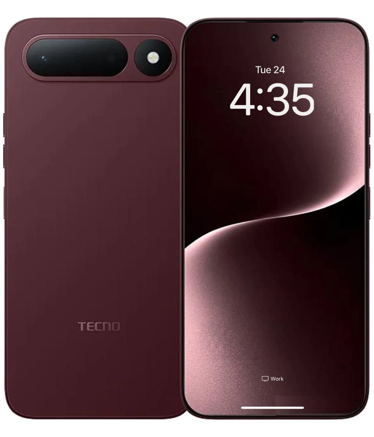 Tecno Spark 50s smartphone in burgundy color featuring a sleek design, dual camera setup, and vibrant display showing the time. The back showcases the Tecno logo, emphasizing its premium feel.