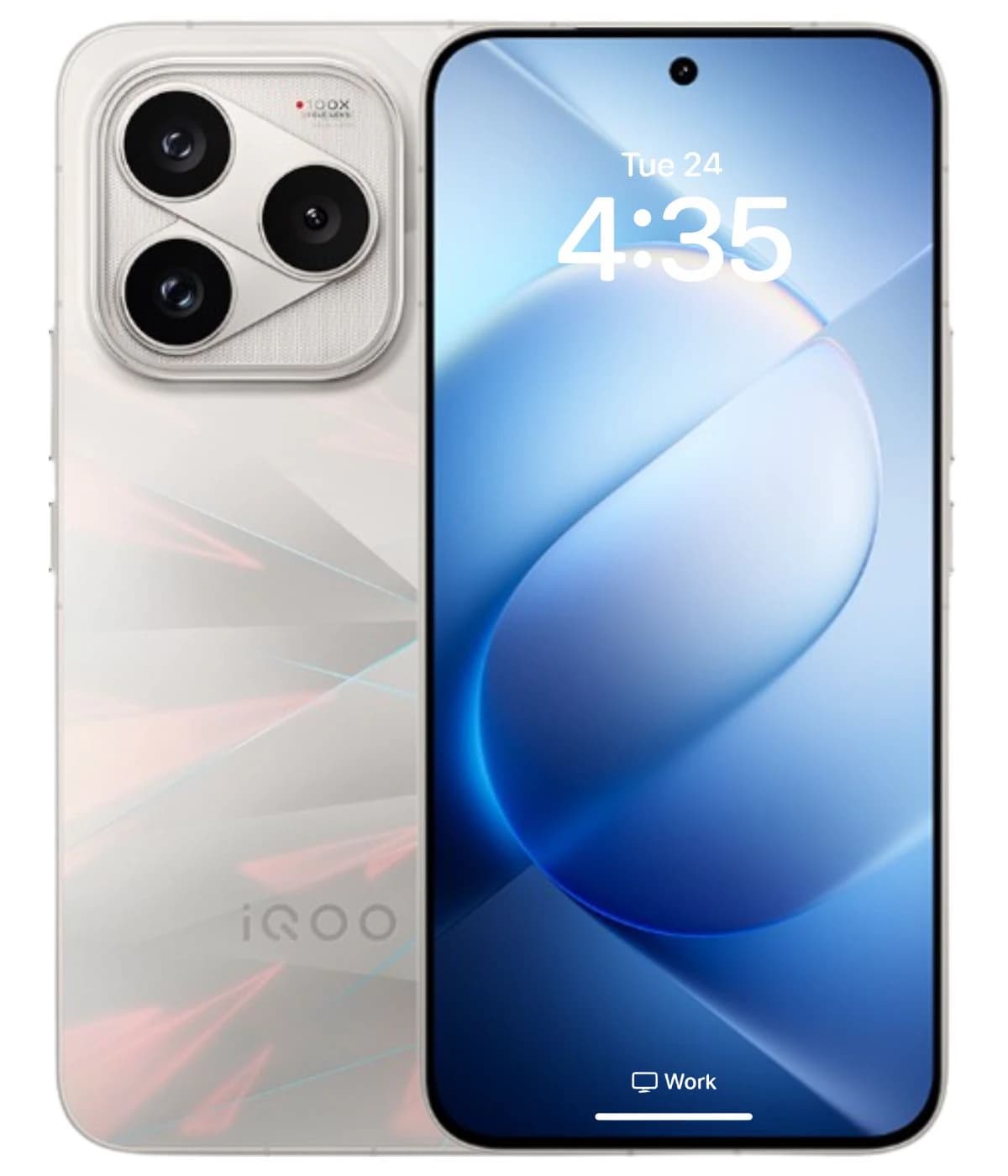 Vivo iQOO 16 smartphone in a sleek white design featuring a vibrant display and triple camera setup. The device showcases a modern aesthetic with geometric patterns on the back and a front-facing screen displaying the time.