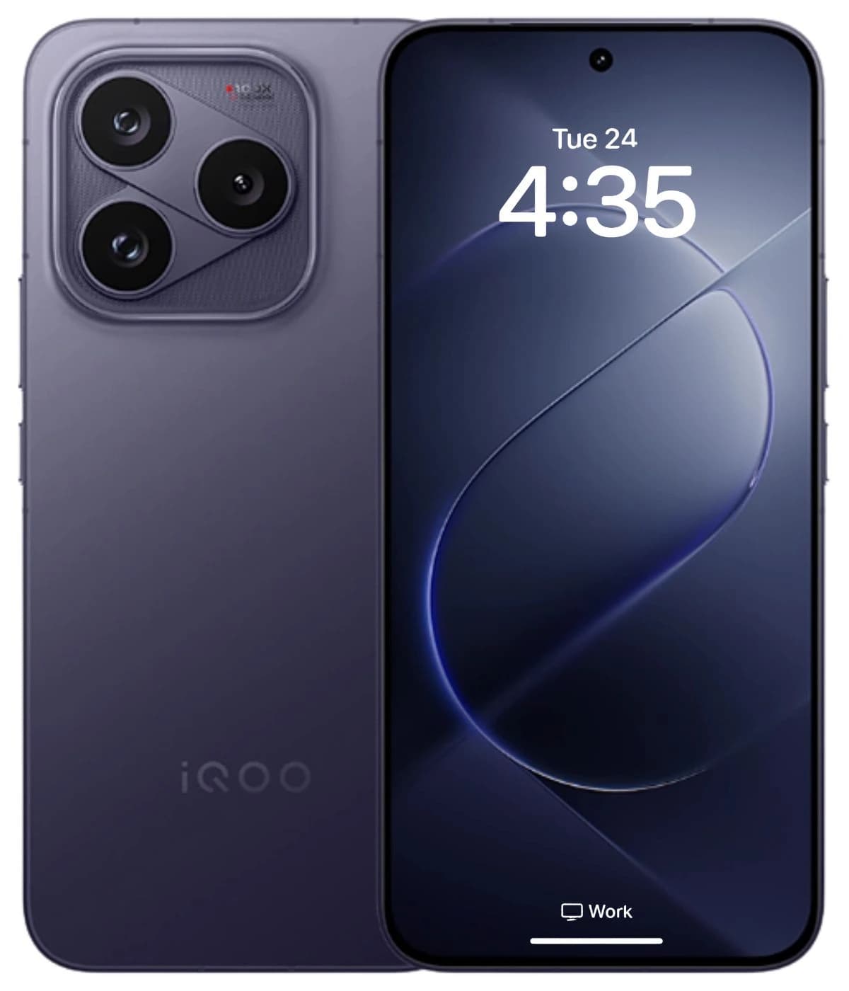 Vivo iQOO 16 smartphone in sleek purple color featuring a triple-camera setup on the back, showcasing a modern design with a vibrant display. The device is shown from the front with the screen displaying the time and date, emphasizing its premium…
