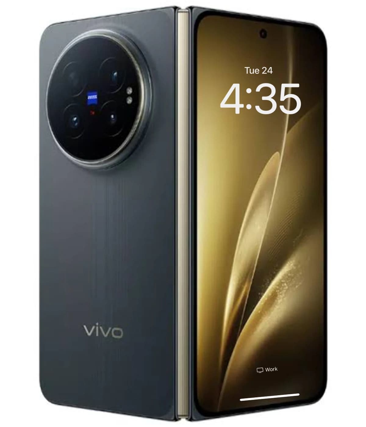 Vivo X Fold 6 smartphone in sleek gray color with a large circular camera module featuring multiple lenses. The front display shows a golden wallpaper and time. The device has a modern, premium design with a smooth finish.