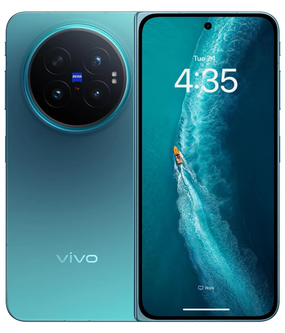 Vivo X Fold 6 smartphone in a stunning aqua blue gradient finish, featuring a sleek design, a large display showing a vibrant ocean scene, and a prominent circular camera module with Zeiss optics.