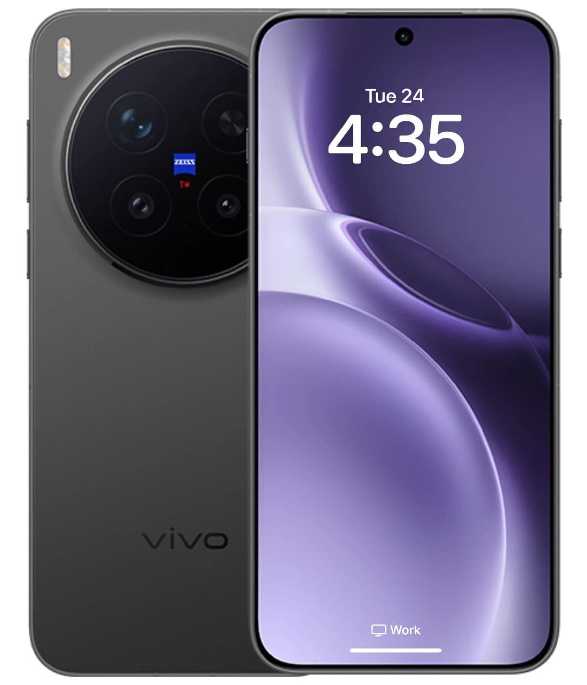 Vivo X300 Pro smartphone in sleek black design featuring a large display with a purple background, showcasing the time and date. The back highlights a circular camera module with multiple lenses and Zeiss branding.