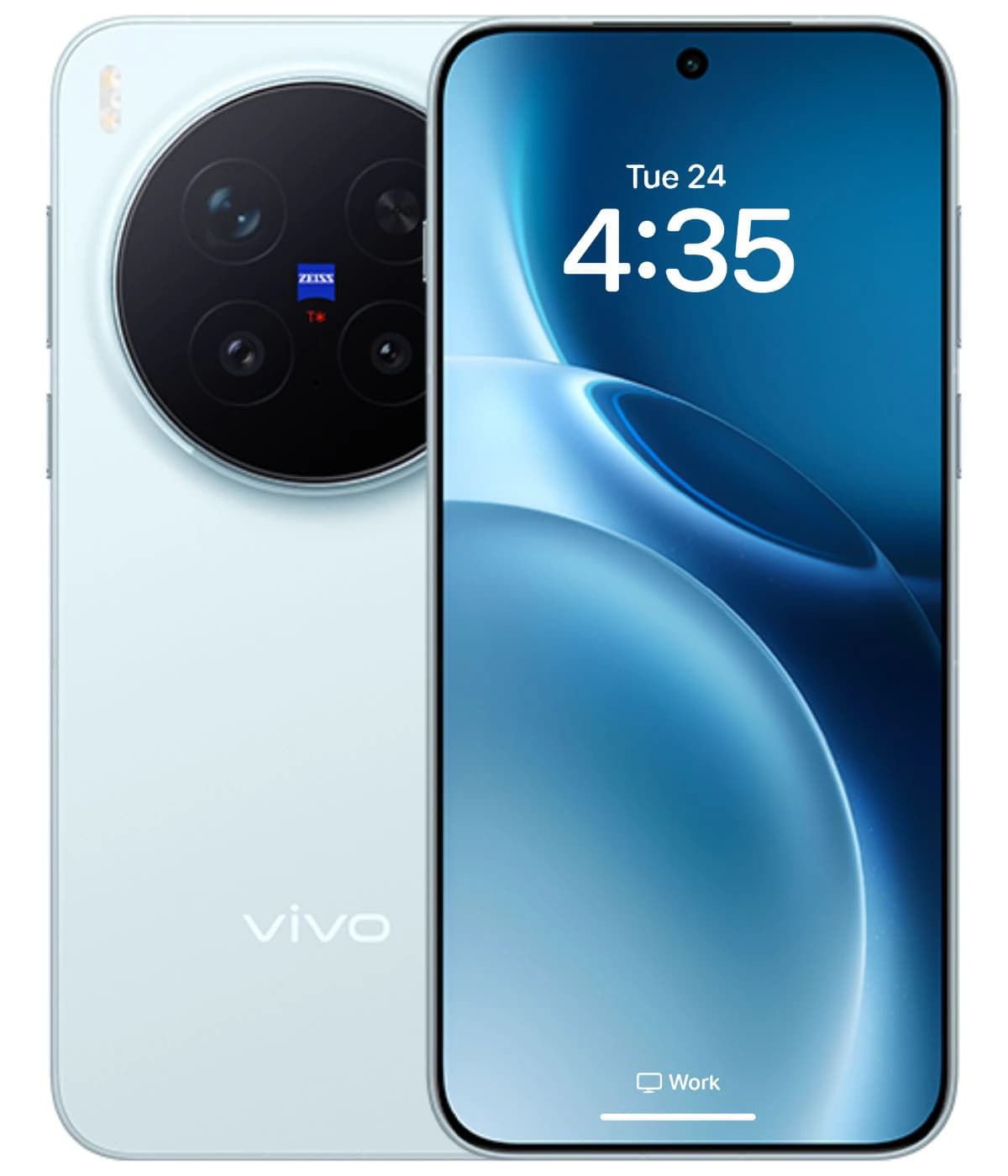 Vivo X300 Pro smartphone in a sleek light blue design, featuring a large display with a circular camera module on the back. The screen shows the date and time, emphasizing its modern technology and aesthetic appeal.