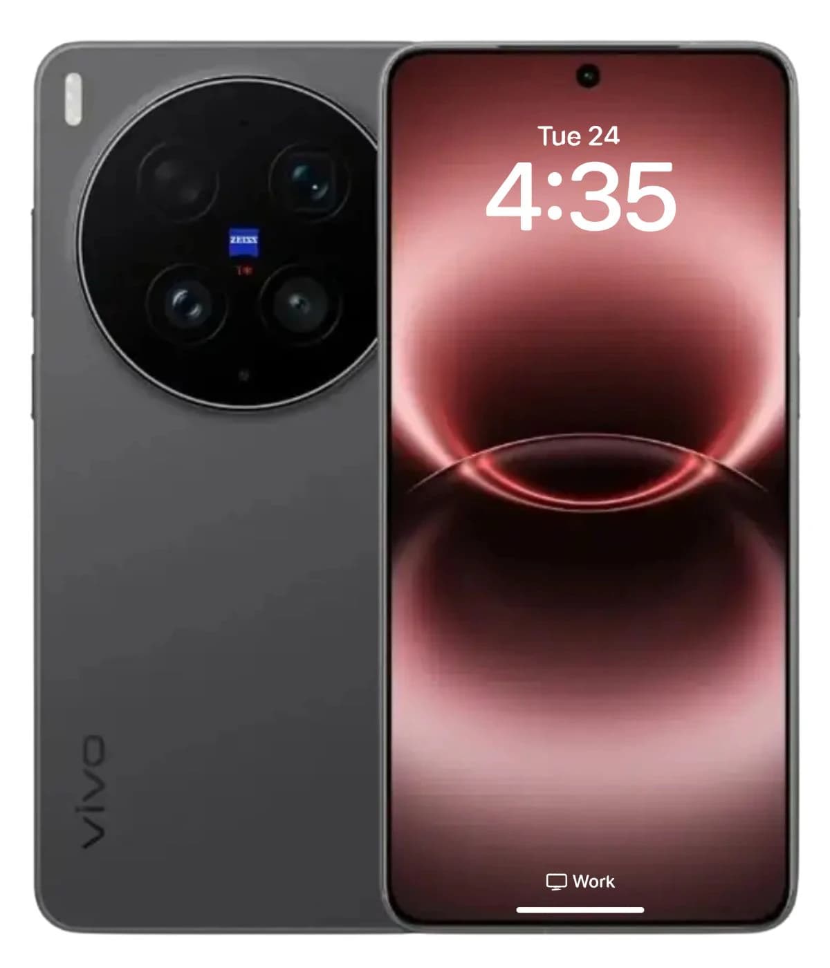 Vivo X300 Ultra smartphone in sleek gray finish, featuring a large display with a vibrant red and black wallpaper. The back showcases a distinctive circular camera module with multiple lenses and a Zeiss logo, emphasizing its premium design.