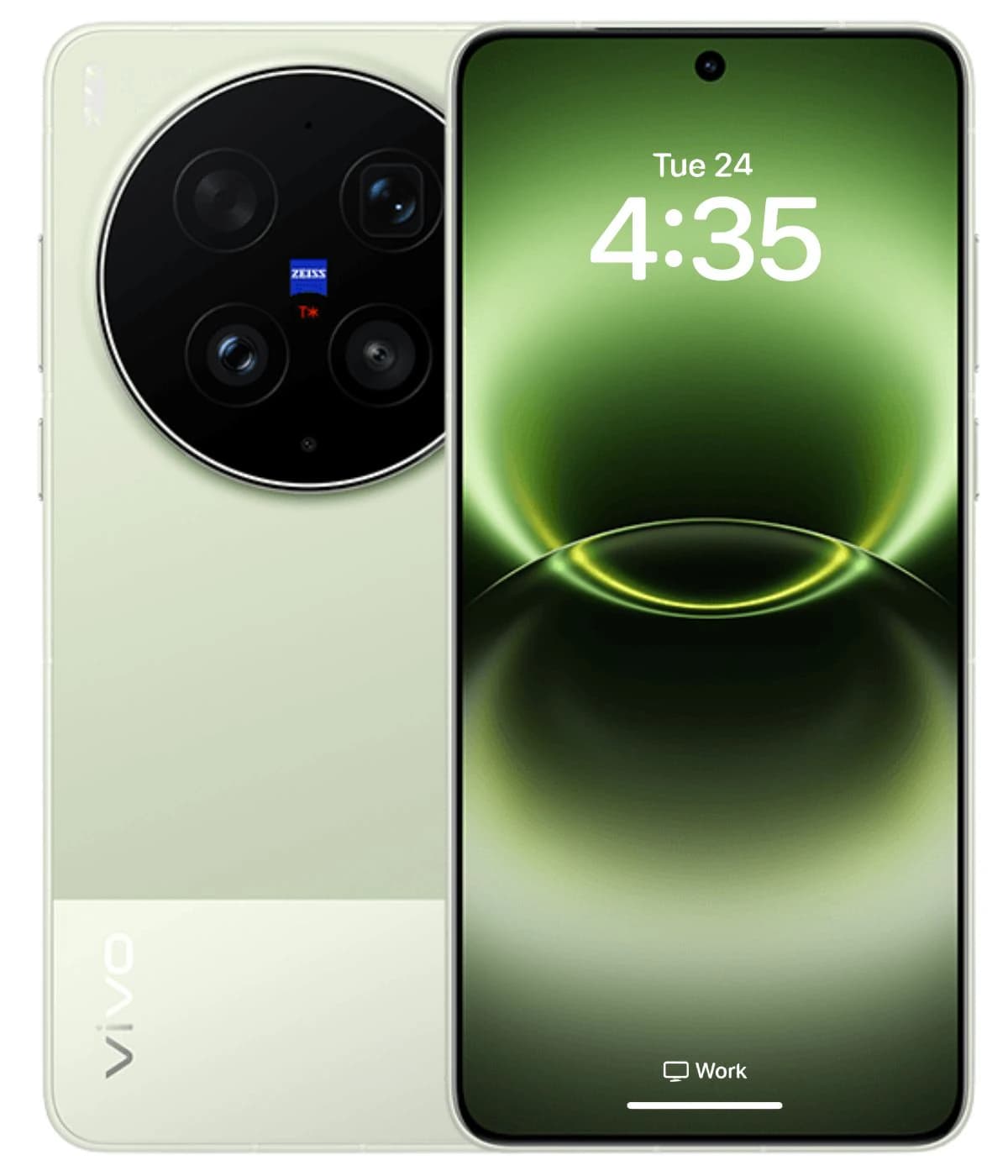 Vivo X300 Ultra smartphone in a sleek mint green color featuring a large display with a circular camera module housing multiple lenses, including a Zeiss lens. The device showcases a modern design with a glossy finish, displayed against a plain…