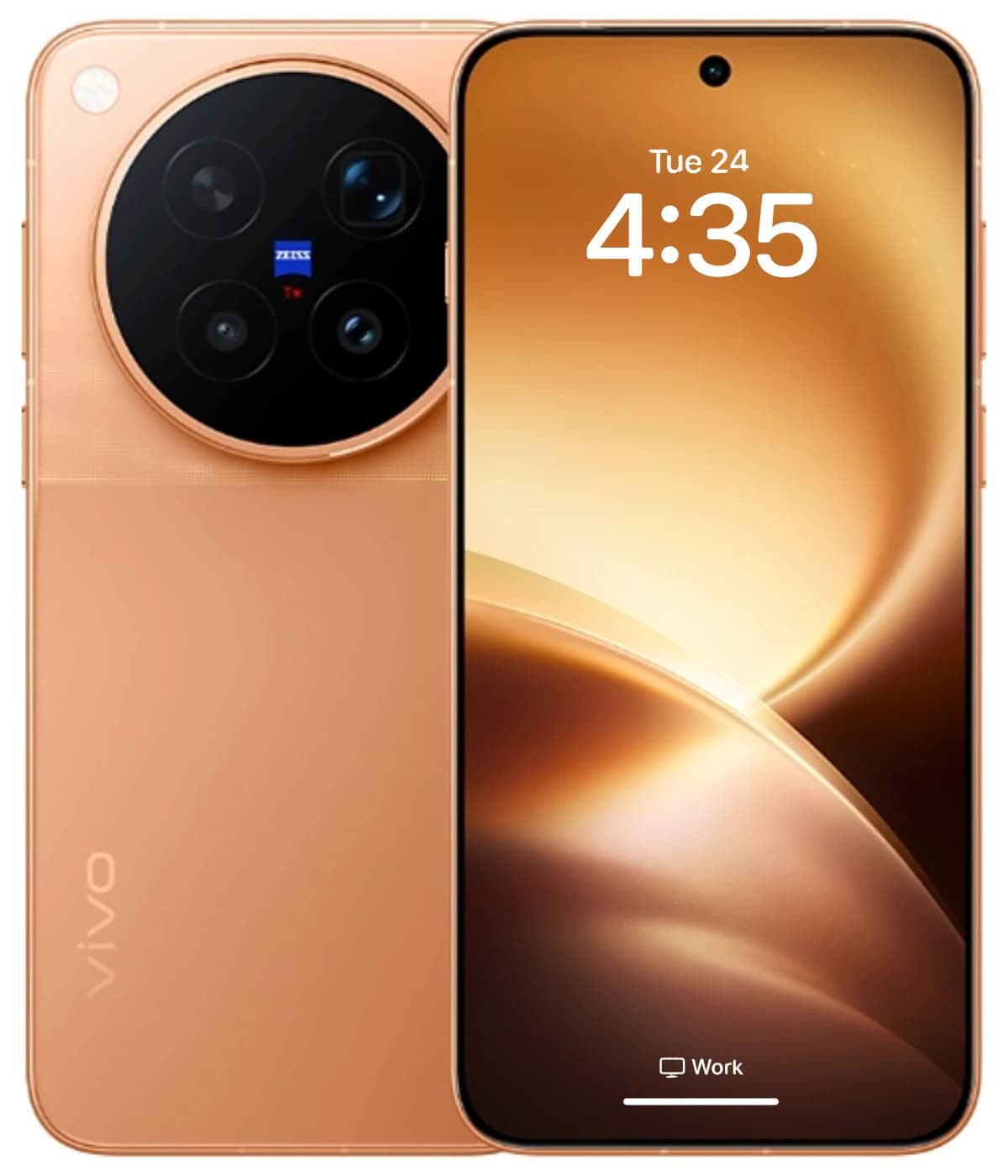 Vivo X500 Pro smartphone in a stunning copper finish, featuring a sleek design with a large display and a circular camera module with four lenses on the back. The screen showcases a vibrant gold gradient background with the time displayed.